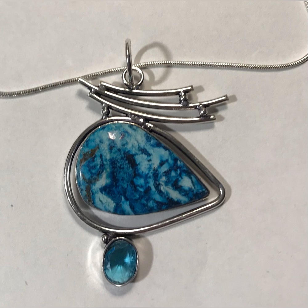 Dendritic Opal Blue Topaz Stamped 925 Sterling Silver Necklace